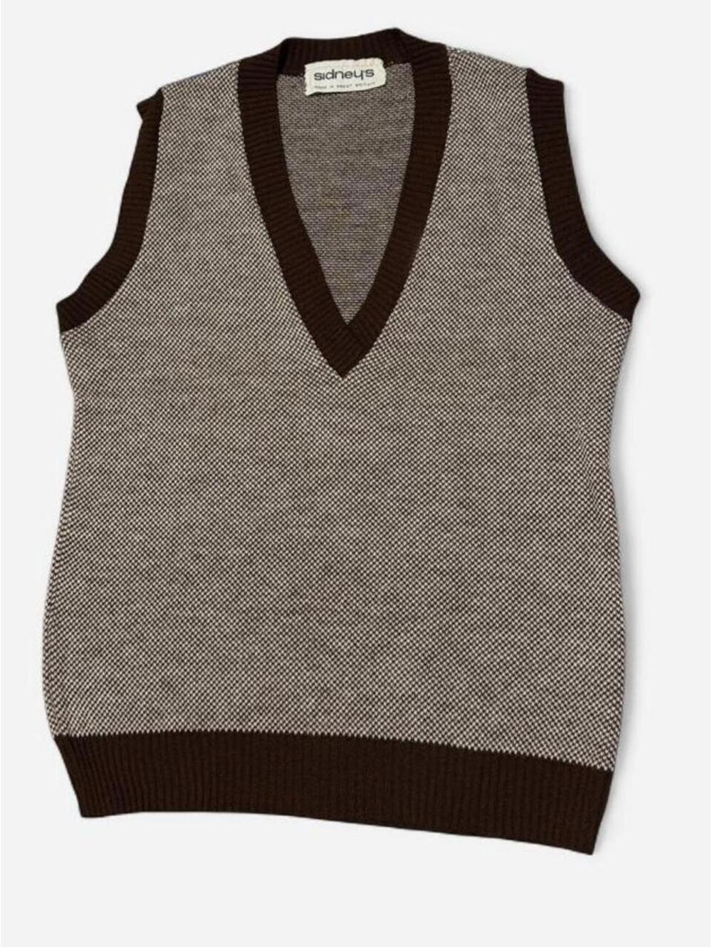 Vintage Sidney's Herringbone Sweater Vest Gray Brown Knit Made in Great Britain
